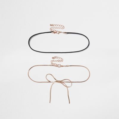 Black string and rose gold chain choker set